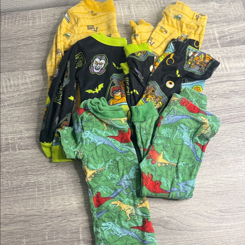 Kids Dino, trucks and scooby doo Pajama Set - Green, Yellow, Black- 3 sets